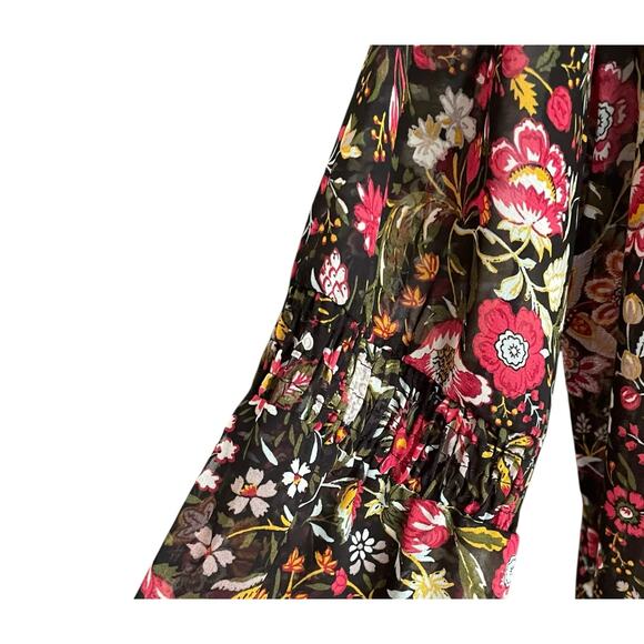 Simply Styled Semi-Sheer Chiffon Dark Floral Boho Top Sz L Ruffled Button Front - Picture 7 of 11